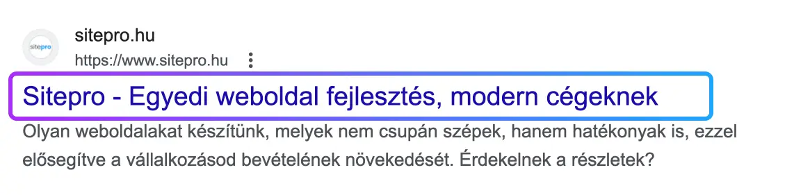 A Title tag a Google találati listájában.