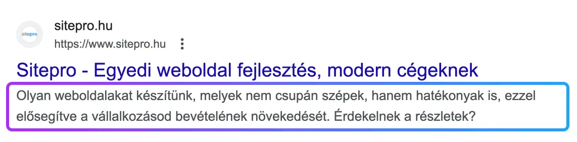 A Meta Description tag a Google találati listájában.